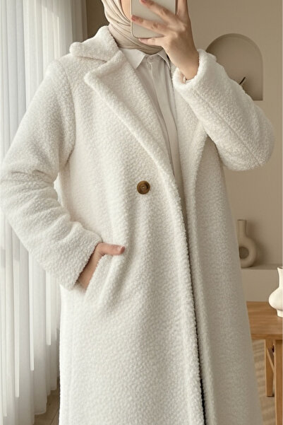 Modamorfo Double buttoned lined side pocket plush coat - ecru