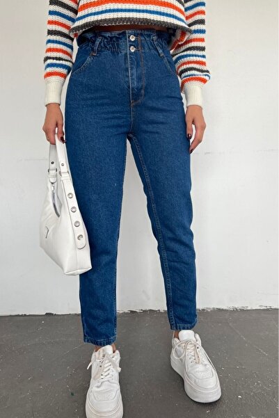 Modamorfo Jeans mit hoher Taille und elastischem Bund – Dunkelblau