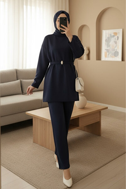 Modamorfo Round Neck Belted Waist Scuba Suit - Navy