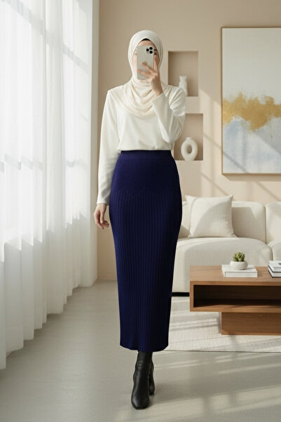 Modamorfo Elastic Waist Pleated Knit Skirt - Navy