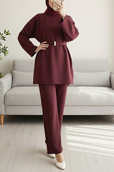 Modamorfo Round Neck Belted Waist Scuba Suit - Burgundy