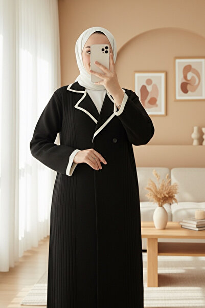 Modamorfo Long Knit Cardigan with Snap Button Front Pockets - Black