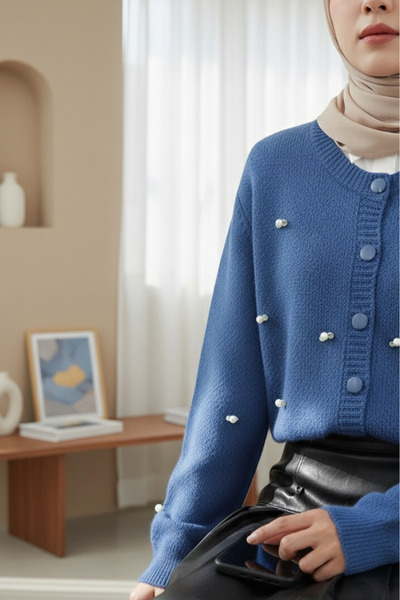 Modamorfo Buttoned Floral Detailed Soft Cardigan -Blue