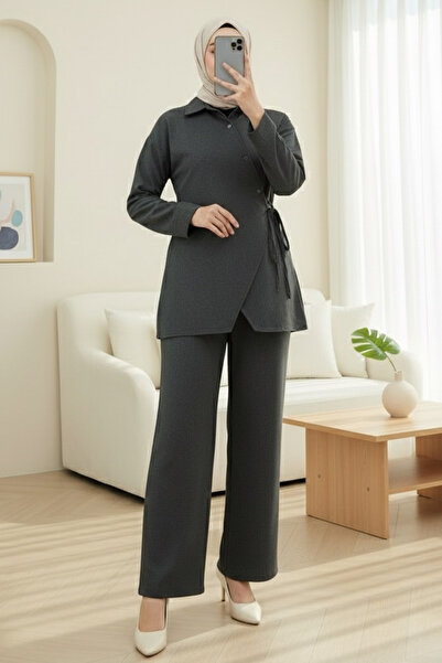 Modamorfo Cross-Buttoned Side-Tie Wool Effect Suit - Anthracite