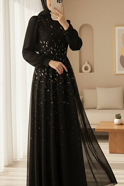 Modamorfo Lined Tulle Evening Dress with Stone Detail on the Front - Black
