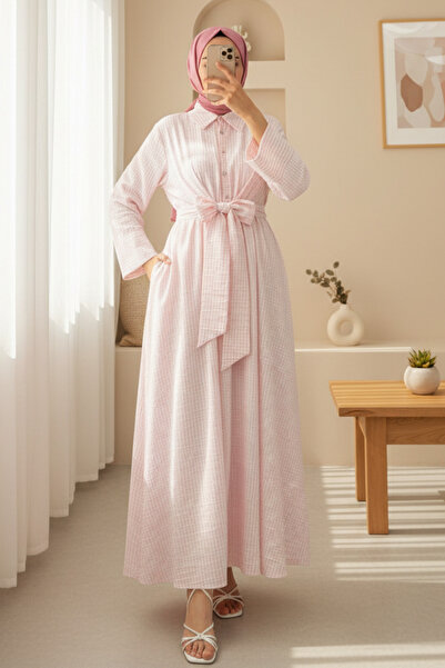 Modamorfo Half Button Tie Waist Striped Dress -Powder