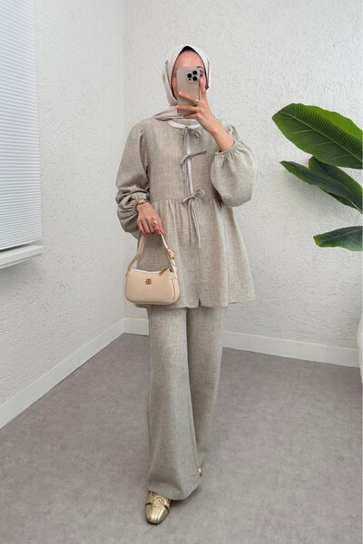 Modamorfo Front Tie Piece Elastic Sleeve Suit - Light Mink