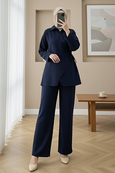 Modamorfo Cross-Buttoned, Side-Tied Wool Effect Suit - Navy