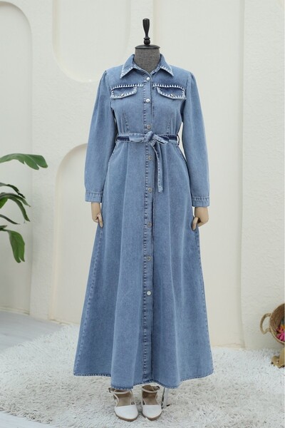 Modamorfo Embroidered collar belted denim dress - blue