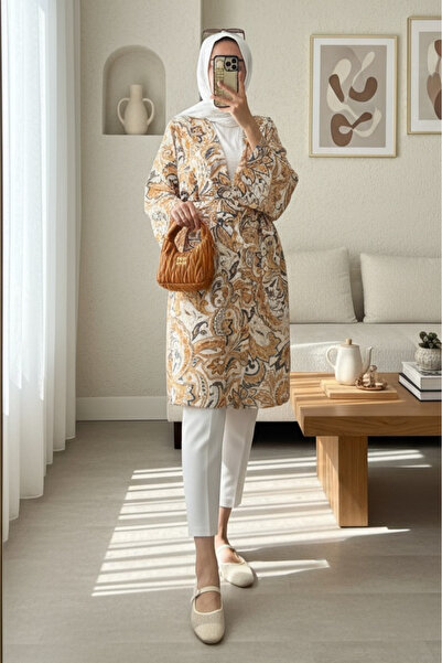 Modamorfo Ethnic Pattern Modal Kimono with Tie Waist - Beige