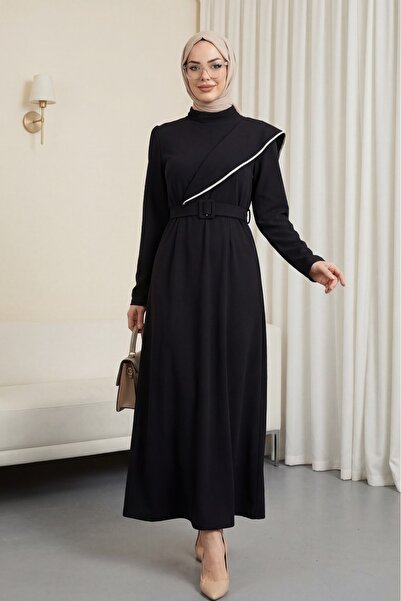 Modamorfo Stone Embroidered Belted Crepe Dress -Black