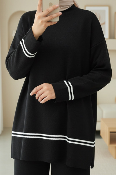 Modamorfo Skirt and Sleeve Striped Knitwear Set - Black
