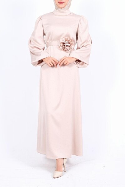 Modamorfo Balloon Sleeve Belted Stoned Satin Dress -Beige