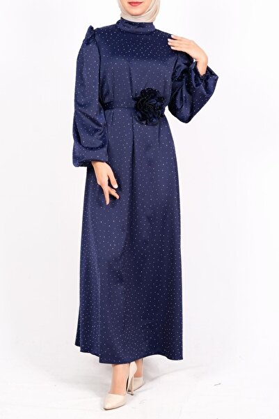 Modamorfo Balloon Sleeve Belted Stone Satin Dress - Navy