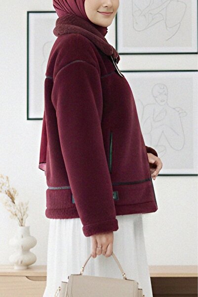 Modamorfo Reverse Detail Plush Laminated Leather Detailed Coat - Burgundy