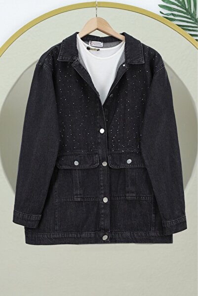 Modamorfo Denim Jacket with Spilled Stone Detail and Flap Pocket - Black
