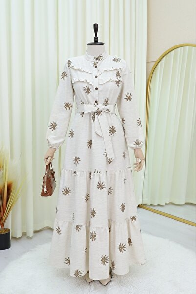 Modamorfo Ruffled Front Half Button Piece Linen Dress - Camouflage