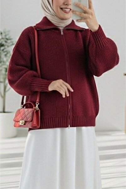 Modamorfo Half-Collar Zippered Knitwear Cardigan -Burgundy