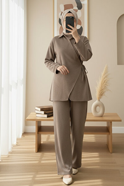 Modamorfo Cross Buttoned Side Tie Wool Effect Suit - Light Brown