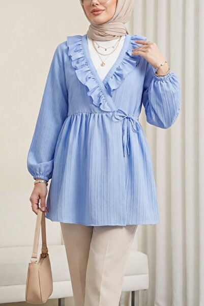 Modamorfo Ruffled Front Lace-Up Sleeve Elastic Kimono - Blue