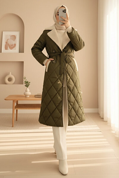 Modamorfo Fur Collar, Belted Waist, Buttoned, Lined, Quilted Coat - Khaki
