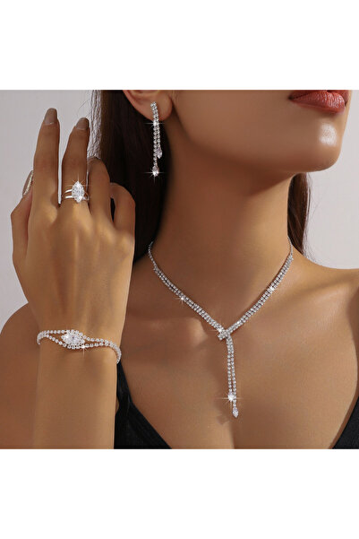 Choice YC1992-1 Luxury Sparkling Set Zirconia Tassel Necklace Earrings, Brace...