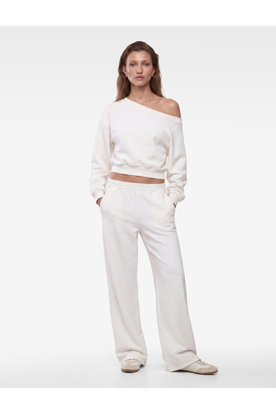 Koton Long Sleeve Three Thread Asymmetric Boat Neck Off Shoulder Sweatshirt