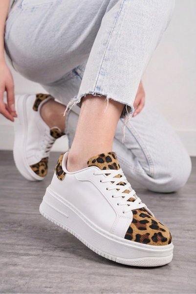 İmerShoes حذاء رياضي نسائي يومي باللون الأبيض بنمط الفهد، برباط، خفيف الوزن، سميك، ذو نعل عالٍ، مناسب للمشي والرياضة 065