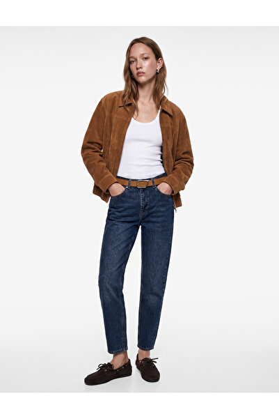 Koton Kemerli Yüksek Bel Dar Kalıp Düz Paça Pamuklu Denim Pantolon - Mom Slim...