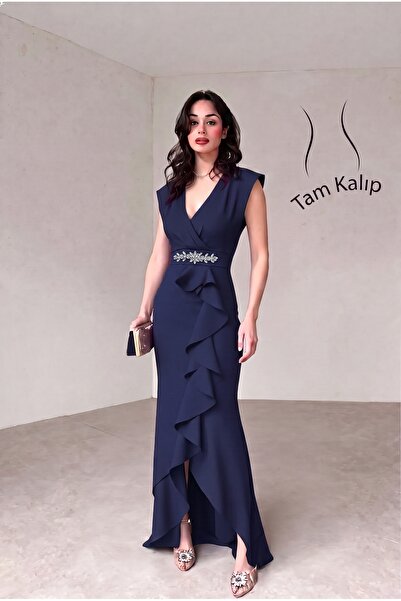 ALFUDO Moda Collection Kadın Scuba Krep Kumaş Kruvaze Yaka Eteği Volanlı Keme...