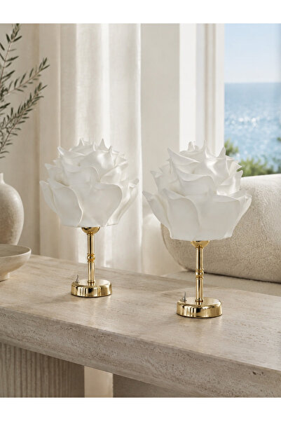 Maison Avf 2'li Beyaz Eva Gül Tasarım Kablosuz Masa Lambası - Alt Uzun Parlak...