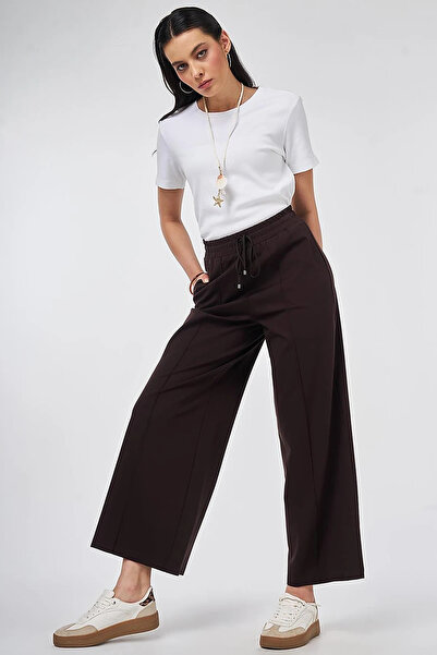 Kayra Elastic Waist Comfortable Cut Trousers Dark Brown
