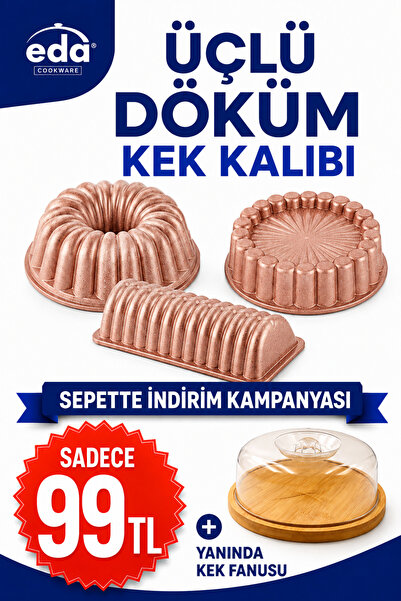 Eda 3 lü döküm granit kek kalıbı seti dilimli yuvarlak kek tart ve baton kalı...