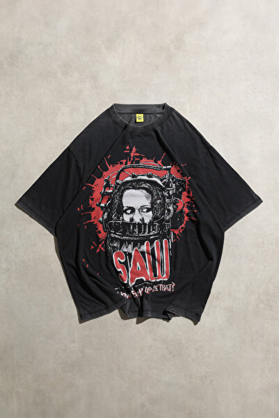 Overdrive Tricou unisex cu mânecă scurtă, negru, vintage, cu imprimeu SAW Aci...