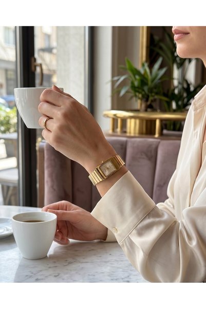 Ferrucci Milano Women's Wristwatch 22mm Gold Color Vintage Rectangular Case Bracelet Watch Stone Detailed Stylish Women's Watch