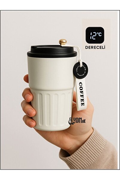 FLYONLOOK Dijital Led Göstergeli 316 L Palanmaz Çelik 400 ML Termos Kupa Bard...