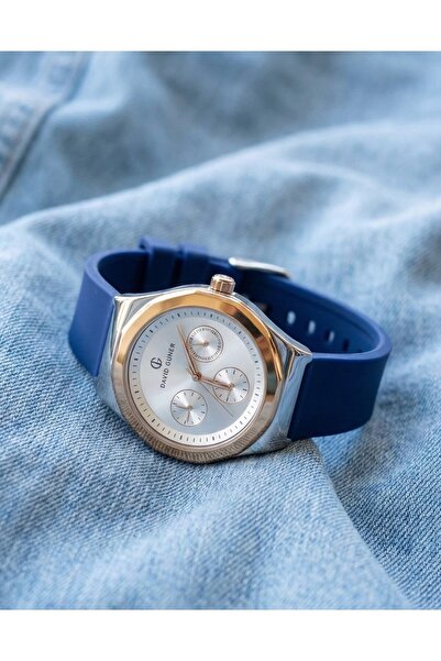 DAVID GUNER Women's Wristwatch 34 mm Navy Blue Silicone Cord Rose Gold Steel ...