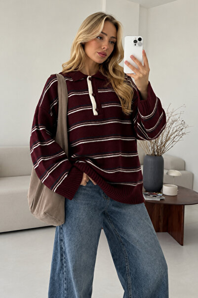 Butik Women's Burgundy Polo Collar Striped Oversize Knitwear Sweater Nns013
