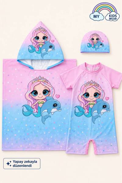 My Kids Wear Kız Çocuk Deniz Kombini 3’lü Set – Mayo, Havlu ve Bone 12577