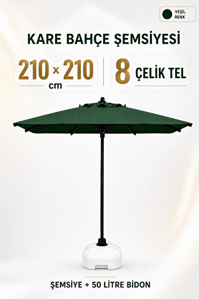 Düvenci Alubrella Yeşil 210x210 Kare 8 çelik tel Bahçe Şemsiyesi BİDONLU