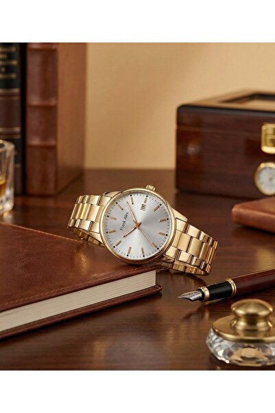 Frank Alex Men's Wristwatch 44 mm Steel Band Gold Silver Dial Quartz Mineral ...
