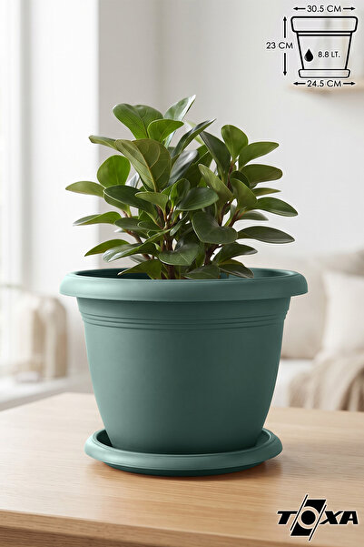ToXA 8.8 Litre Ø31x21,5cm Tabaklı Yuvarlak Plastik Villa Saksı No7 Mat Yeşil