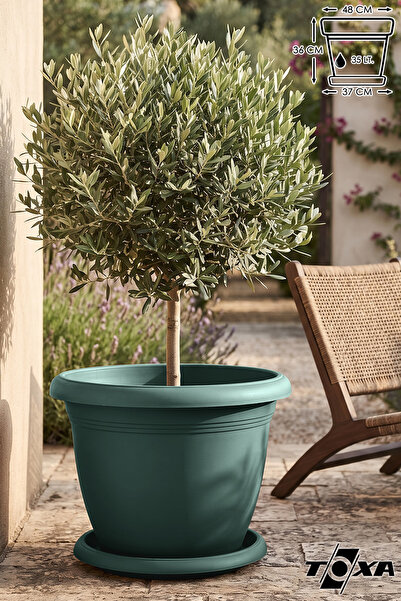 ToXA 35 Litre Ø48x36cm Tabaklı Yuvarlak Plastik Büyük Boy Villa Saksı No10 Ma...
