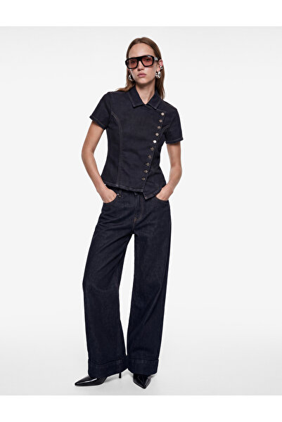 Koton Slim Fit Cotton Classic Collar Short Sleeve Asymmetrical Cut Buttoned D...