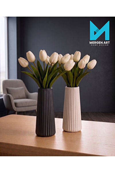 Mergen Art Vază decorativă cu dungi din piatră, 17 cm, accesoriu modern pentr...