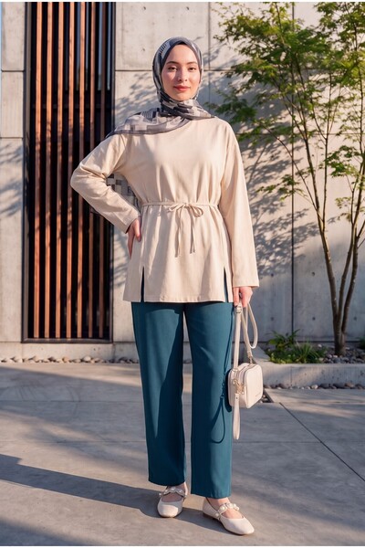 Modamorfo Double Pocket Elastic Waist Pants with Lace Detail - Emerald