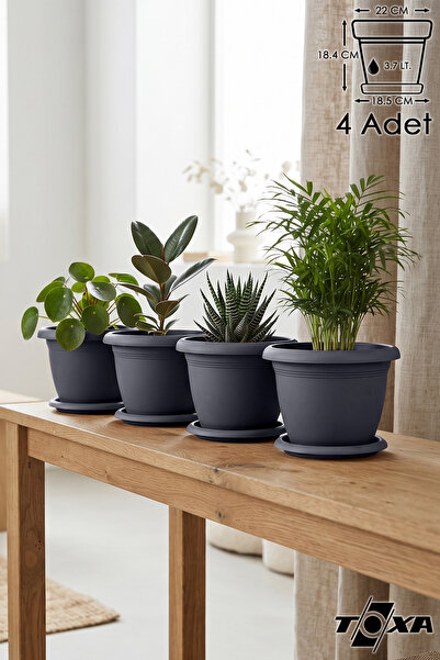 ToXA 4 Adet Villa No5 Saksı Seti 3,7 Litre Antrasit 23cm Drenajlı Tabaklı Mat...