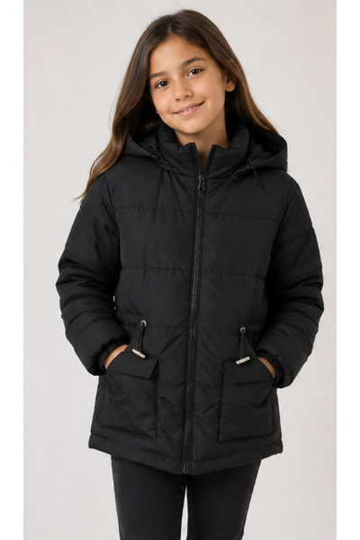 İrem Çocuk Giyim Girl's Black Coat with Detachable Hood, Zipper Closure, Draw...