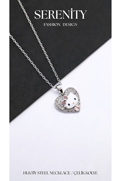 Serenity Silver Heart Figured Hello Kity Steel Necklace