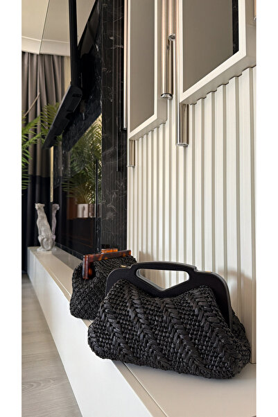 WOMANBAG Handmade Wooden Handle Straw Raffia Handbag Clutch Bag(37X21Cm)
